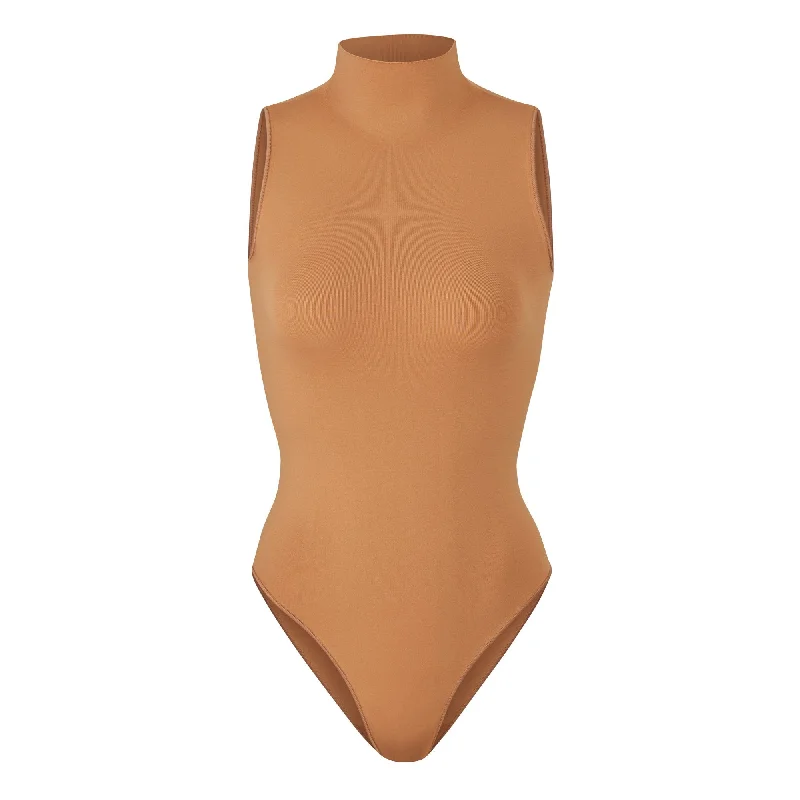 ESSENTIAL MOCK NECK SLEEVELESS BODYSUIT | CAMEL