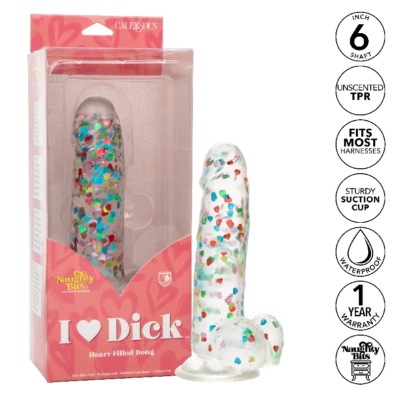 California Exotics - Naughty Bits I Love Dick Heart filled Dong Realistic Dildo with Balls 8" (Clear)