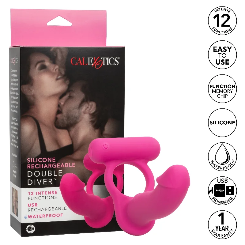 California Exotics - Silicone Rechargeable Double Diver Couple Cock Ring with Dildo (Pink)