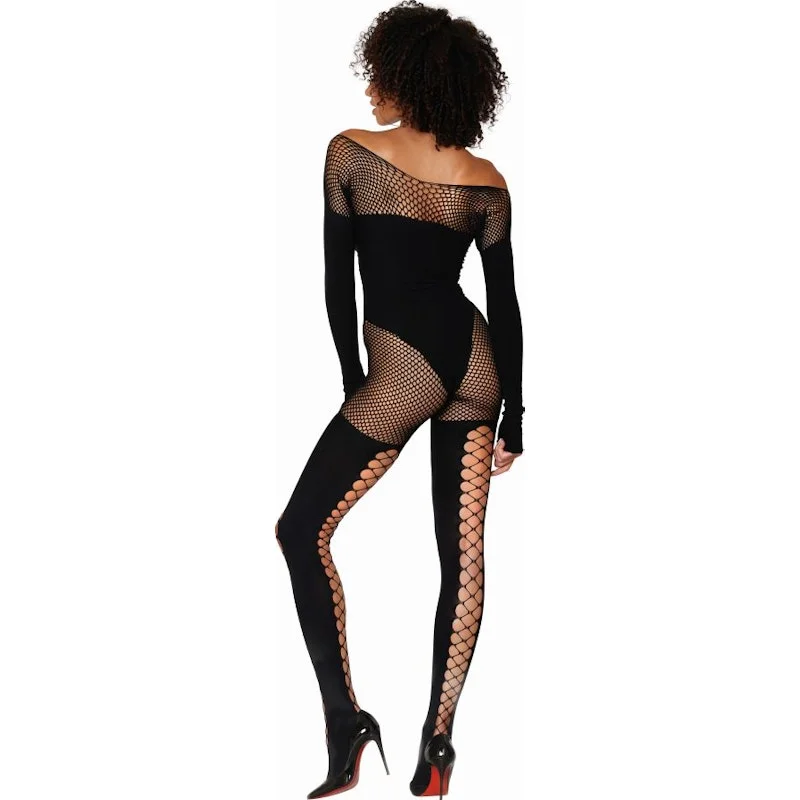 Seamless Opaque and Fishnet Bodystocking - Black