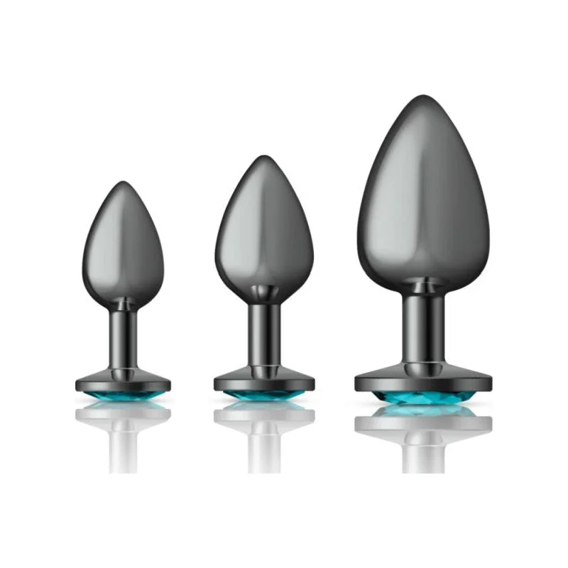 Cheeky Charms Round Metal Butt Plug 3 Pc Kit - Gunmetal with Teal Jewel